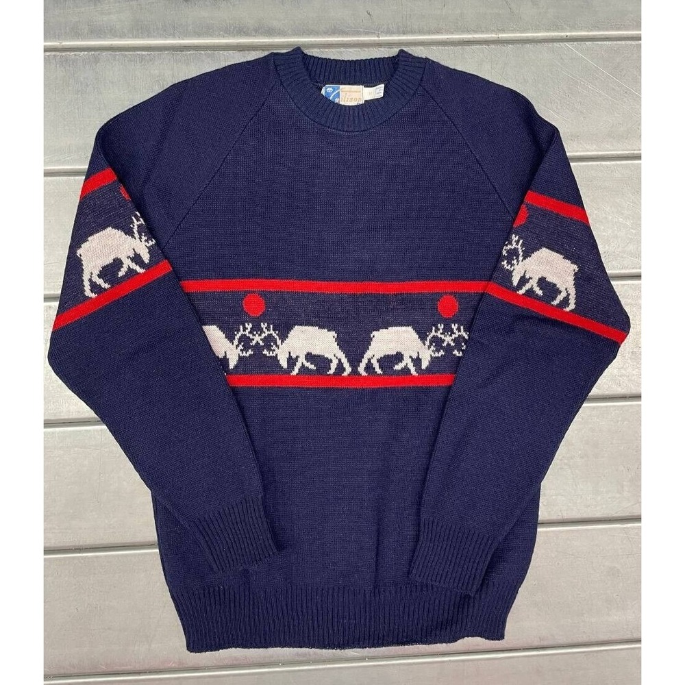 Vintage Gilison Reindeer Sweater Mens Medium Navy Blue 100% Wintuk Acrylic